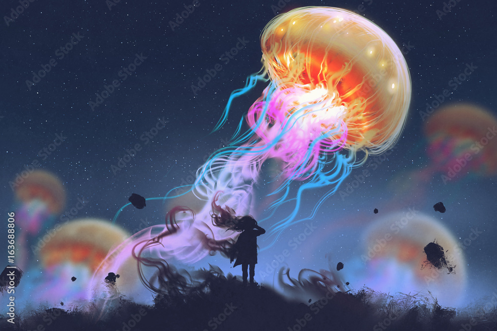 Naklejka premium sylwetka dziewczyna patrząc na gigantyczne meduzy pływające na niebie, cyfrowy styl sztuki, malarstwo ilustracja