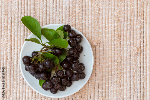 Close up of Aronia melanocarpa berries (black chokeberry) with leaves in white dish on textile background