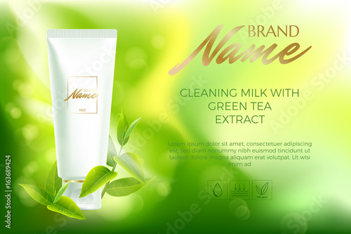 Advertising poster for cosmetic product for catalog, magazine. Vector design of cosmetic package.Moisturizing cream, gel, body lotion with green tea extract . Vector illustration with isolated objects