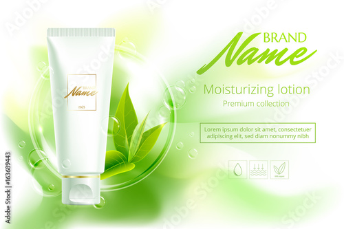 Advertising poster for cosmetic product for catalog, magazine. Vector design of cosmetic package.Moisturizing cream, gel, body lotion with green tea extract . Vector illustration with isolated objects