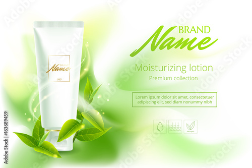 Advertising poster for cosmetic product for catalog, magazine. Vector design of cosmetic package.Moisturizing cream, gel, body lotion with green tea extract . Vector illustration with isolated objects