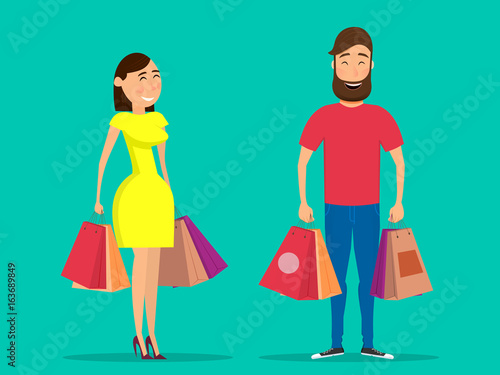 Happy couple with shopping. Happy man and woman holding shopping bags. Vector illustration in flat style