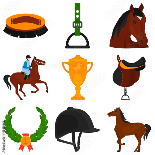 Set of horse racing color flat icons for web and mobile design