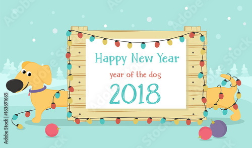 New 2018. The Chinese year of the yellow dog. Congratulations on the funny yellow dog breed Dachshund and Christmas lights. Colorful vector illustration in cartoon style. photo