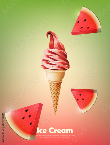 Watermelon flavor soft ice cream cone, Pouring watermelon background, transparent Vector