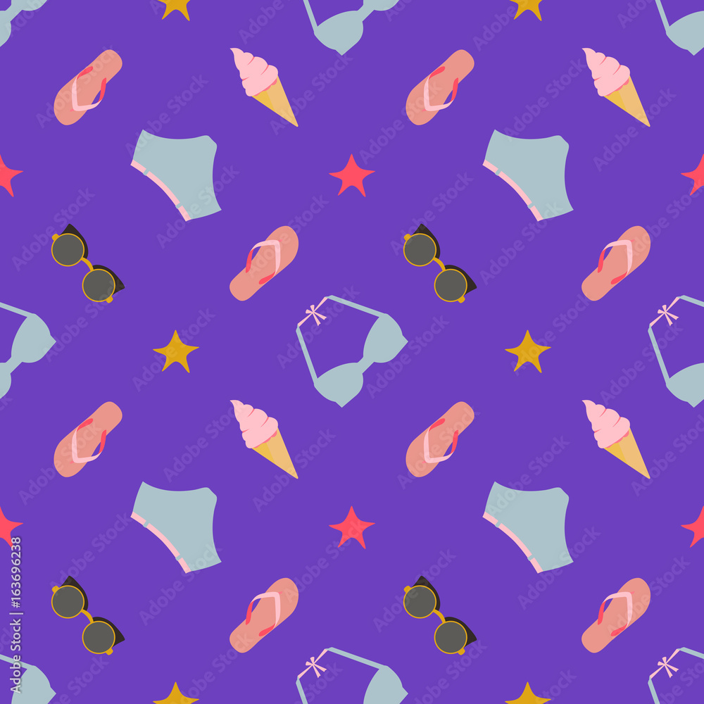Cute summer seamless pattern with women's swimsuits and beach accessories on dark background. Flat minimalistic style colorful vector illustration Cute summer seamless pattern with women's swimsuits and beach accessories on dark background. Flat minimalistic style colorful vector illustration
