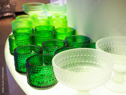 Beautiful Finnish design glassware. Green and transparent classic Finnish designs, from Iittala and the like. 