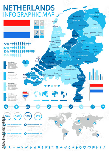 Fotografie, Obraz Netherlands - infographic map and flag - illustration