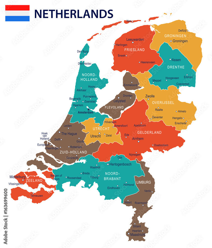 Netherlands - map and flag – illustration - obrazy, fototapety, plakaty 