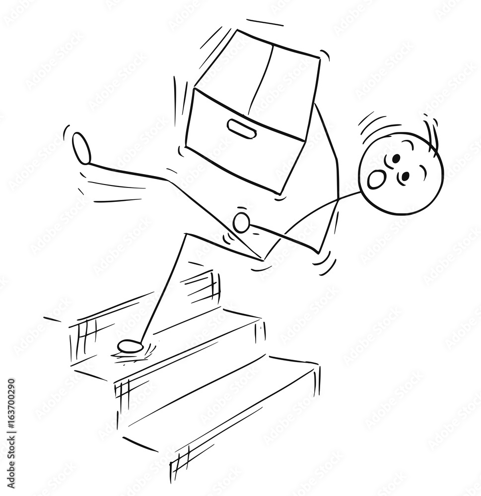 Vector Stick Man Cartoon Of Man Falling From Stairs Staircase Stairway With Large Paper Box