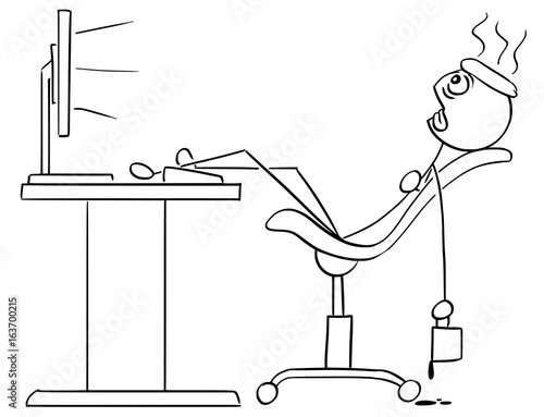 Vector Stick Man Cartoon of Man Sitting Exhausted in Front of the Computer with Legs on the Desk