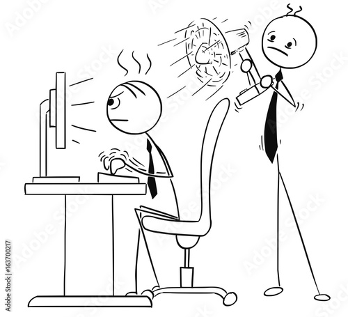 Vector Stick Man Cartoon of Man Hard Working on the Computer and Second Man Cooling him with fan