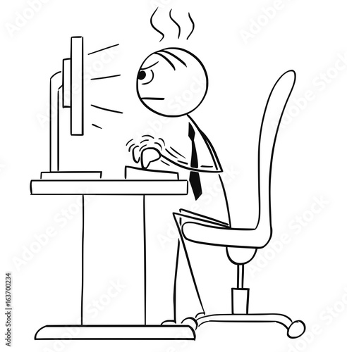 Vector Stick Man Cartoon of Man Working Typing Hard on the Computer