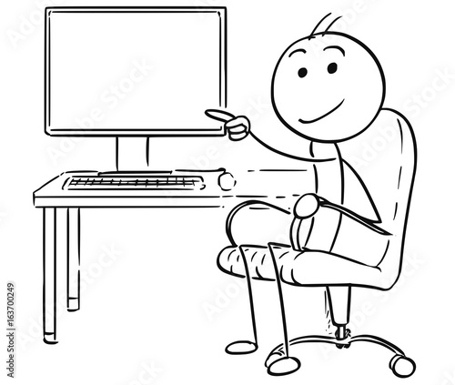 Vector Stick Man Cartoon of Man Pointing at Empty Computer Screen Display