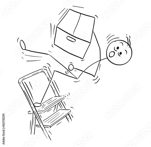 Vector Stick Man Cartoon of Man Falling from Stepladder ladder with Large Paper Box