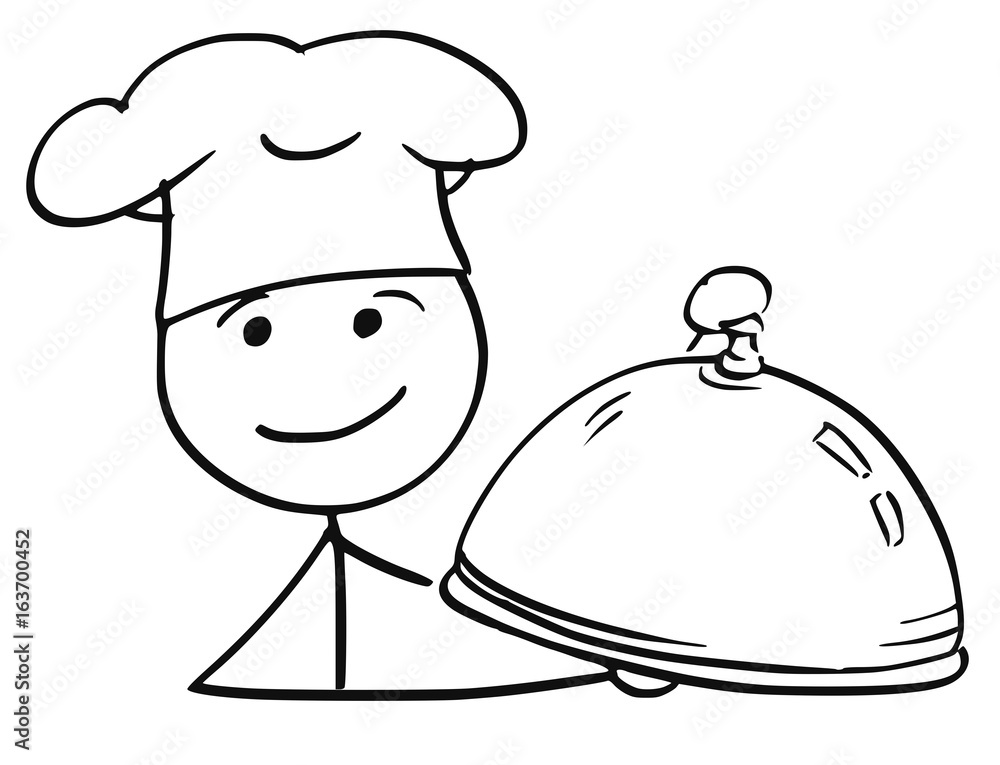 Vector Stick Man Cartoon of Male Cook Chef in Hat Holding Covered Plate Tray with Dish Vector Stick Man Cartoon of Male Cook Chef in Hat Holding Covered Plate Tray with Dish
