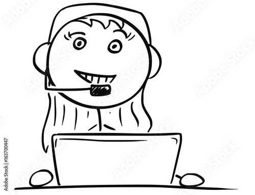 Vector Stick Man Cartoon of Female Customer Support Service Representative Call Center