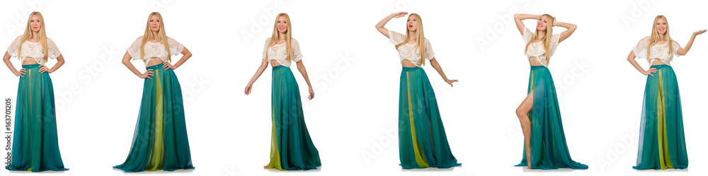 Woman in fashion concept in green dress on white