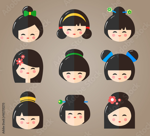 Japanese Kokeshi Dolls Heads, vector icons