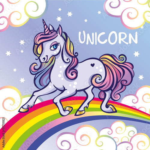 Cute unicorn, stars, rainbow greeting card, vector illustration