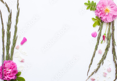 Wallpaper Mural Romantic flower flat lay frame with roses, jasmine, carnation, daisies and lupines Torontodigital.ca