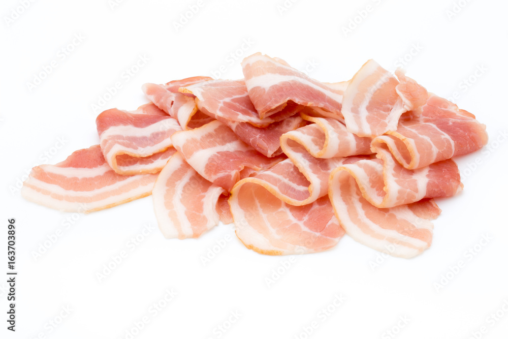 Bacon isolated on white background. Delikatese food.