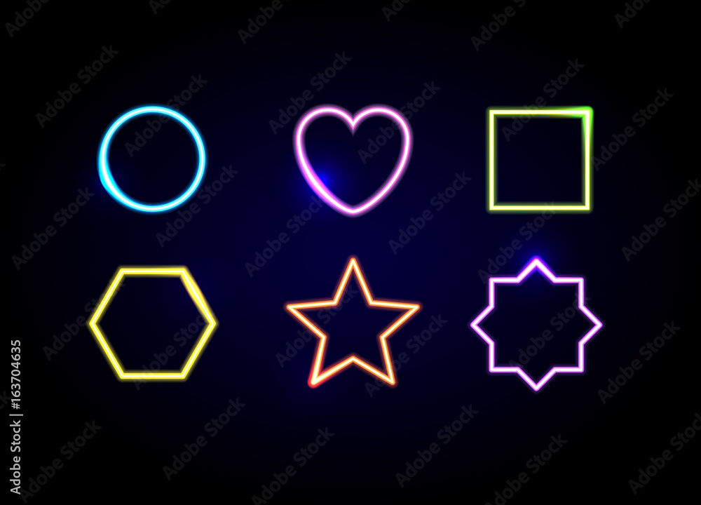 Neon different shapes frames. Glowing circle, heart, square, hexagon, star and polygon symbols. Neon different shapes frames. Glowing circle, heart, square, hexagon, star and polygon symbols.