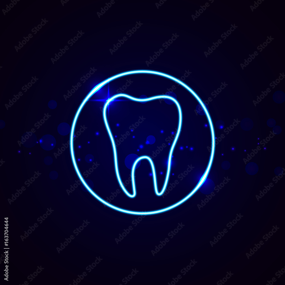 Neon dental sign. Shining tooth vector emblem in line style. Neon dental sign. Shining tooth vector emblem in line style.