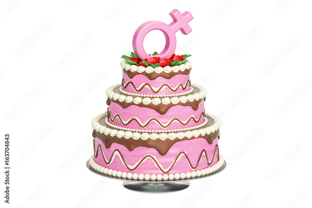 Pink cake with female gender sign, 3D rendering Pink cake with female gender sign, 3D rendering