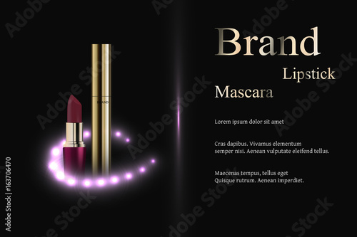 The design of cosmetics, the Golden mascara and purple lipstick, surrounded by a bright light purple spots on a black background. 3D realistic vector advertising.