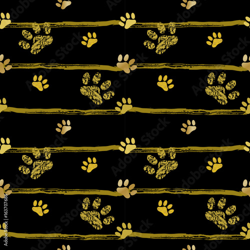 2018 chinese new year of yellow dog seamless pattern with golden vector paw track, glitter, foil texture, template for calendar, poster, banner, greeting card
