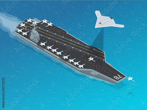 Isometric Long Range Strike-Bomber. Aircraft military mission isolated on background. Aircraft assigned to the nuclear-powered aircraft carrier CVN . Military sea transport.