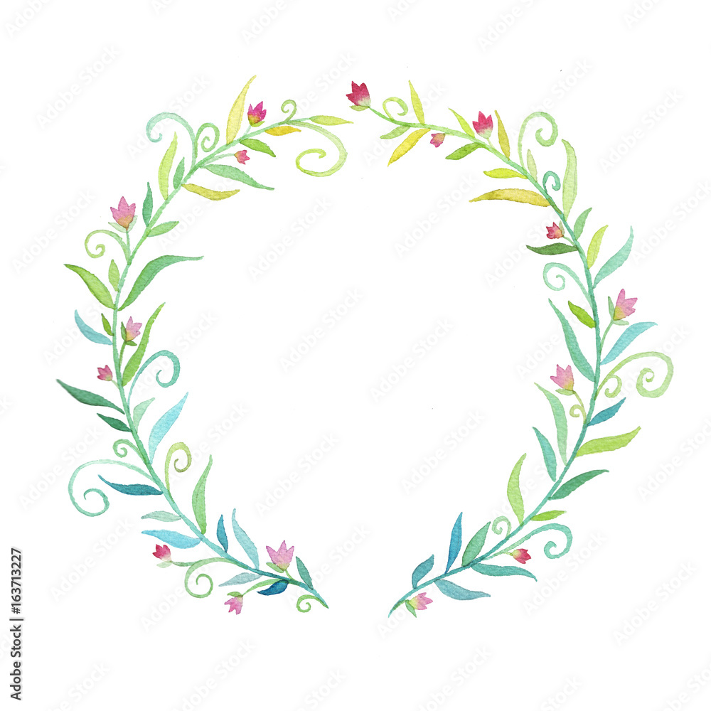 hand painted watercolor flowers on wreath in charming pretty country style circle illustration in blue pink green yellow and teal
