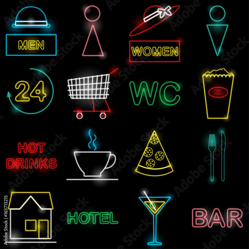 Neon icon set Vector illustration Colorful icons in form of neon lamps for bars, pubs, cafes and stores on black background Trendy icons set