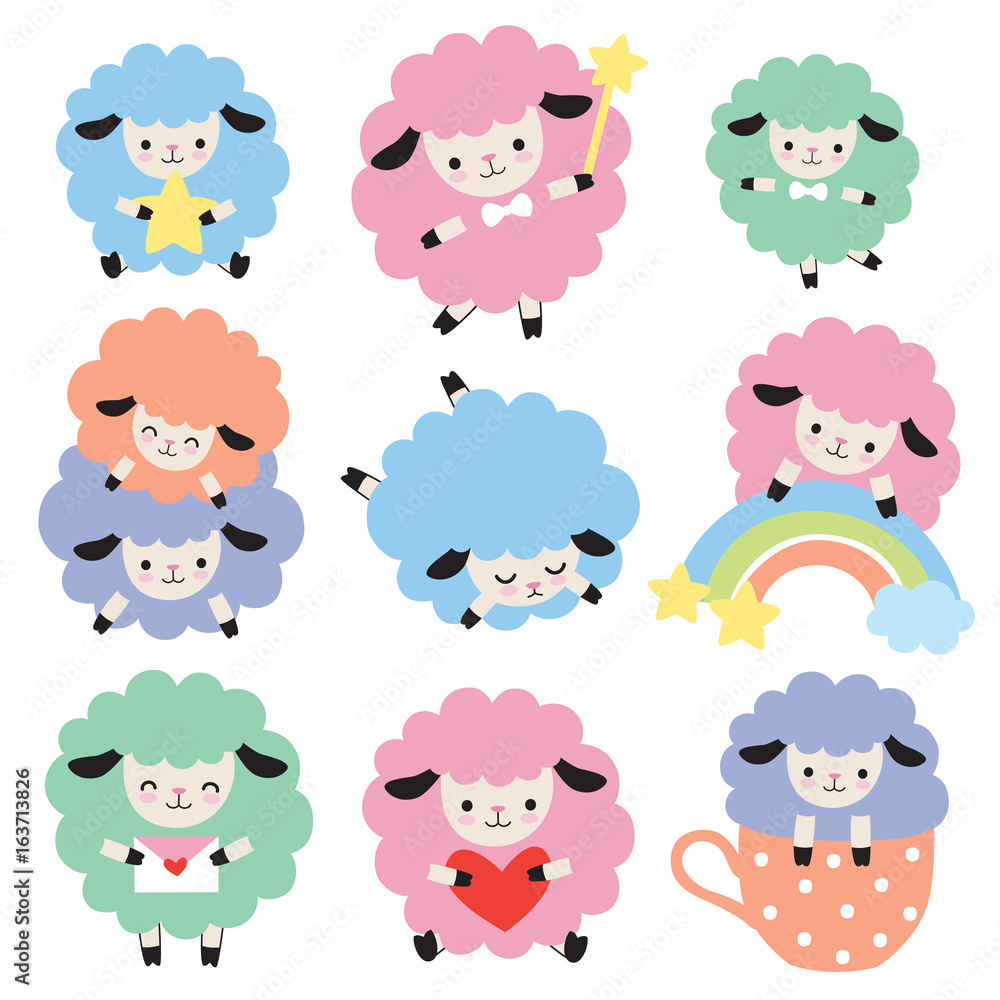 Vector illustration of cute colorful sheep with heart, star, and rainbow.