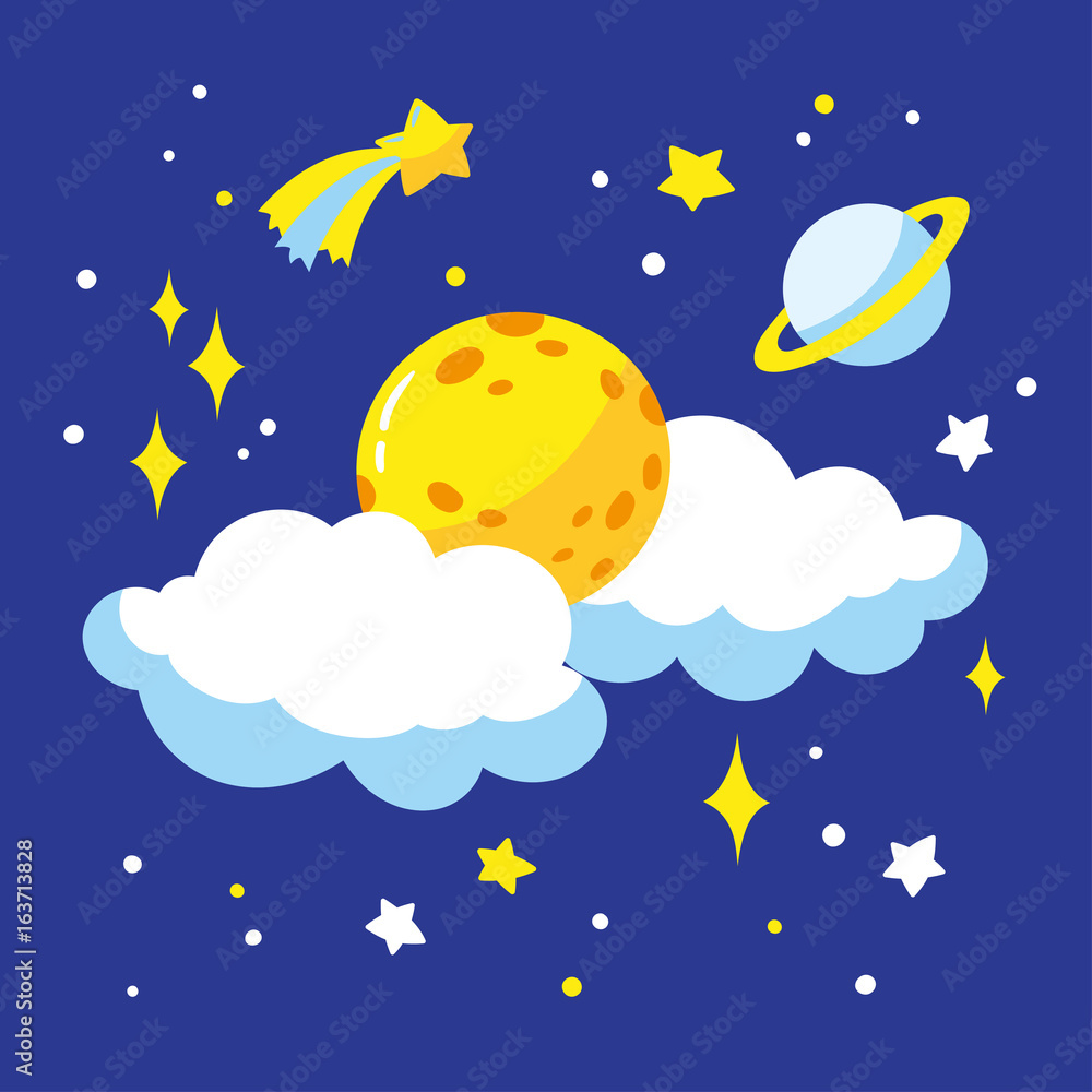 Cartoon full moon and clouds in the night sky. Vector illustration is suitable for greeting cards, posters and prints on t-shirts. Cartoon full moon and clouds in the night sky. Vector illustration is suitable for greeting cards, posters and prints on t-shirts.