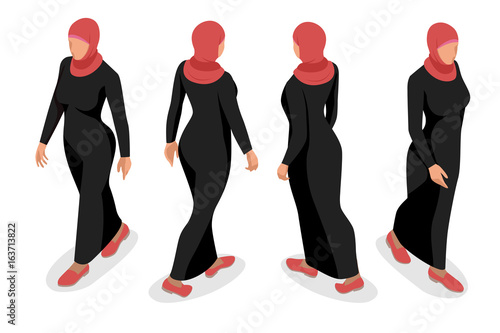 Set of business arab woman character with hijab. Isometric vector people character.