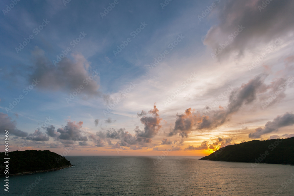 Beautiful colorful color and light sunset over tropical sea in phuket thailand.