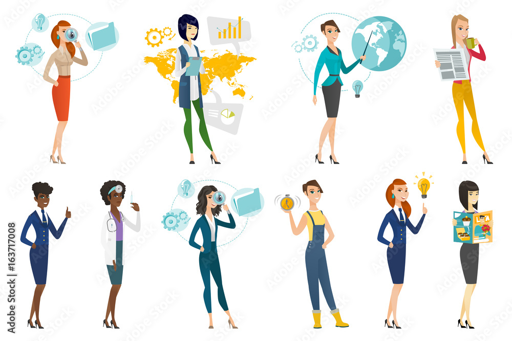 Business woman, stewardess, doctor profession set. Business woman, stewardess, doctor profession set.