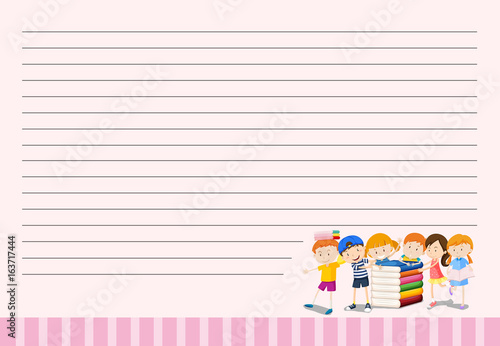 Line paper template with kids and books