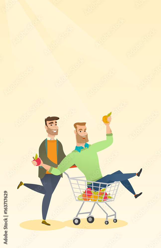 Couple of friends riding in shopping trolley.