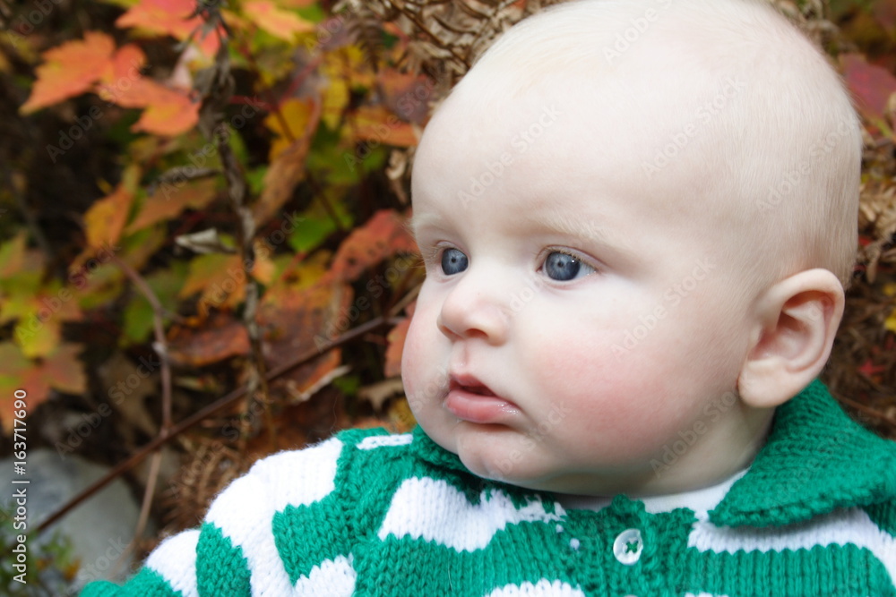 a newborn in striped sweater sits outside in the autumn a newborn in striped sweater sits outside in the autumn