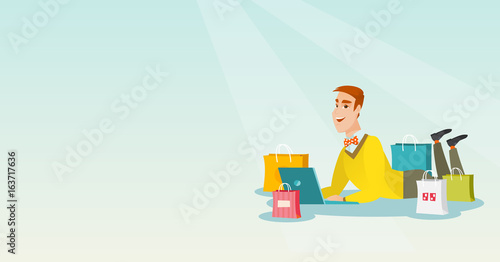 Young caucasian man doing online shopping.