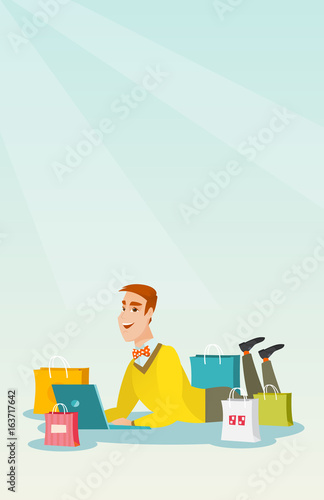 Young caucasian man doing online shopping.