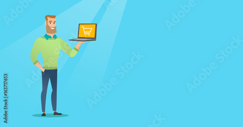 Man holding laptop with trolley on a screen.