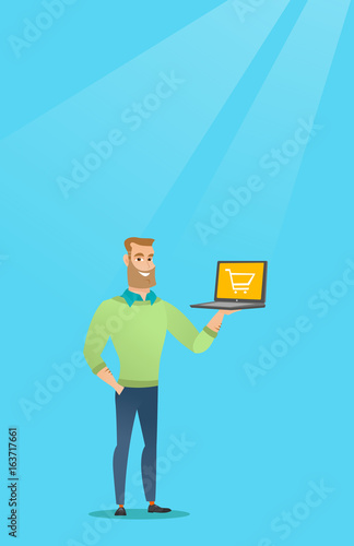 Man holding laptop with trolley on a screen.