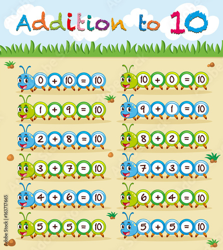 Addition to ten worksheet with caterpillar
