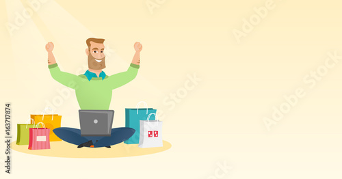 Caucasian man using a laptop for online shopping.
