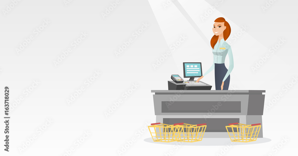 Cashier standing at the checkout in a supermarket. Cashier standing at the checkout in a supermarket.