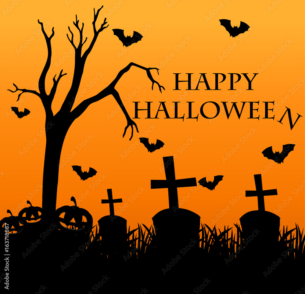 Happy halloween card with graveyard in background